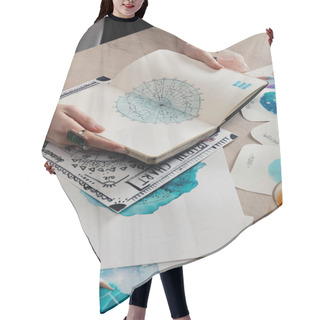 Personality  Cropped View Of Astrologer Holding Notebook By Cards With Watercolor Drawings Of Zodiac Signs On Table Hair Cutting Cape