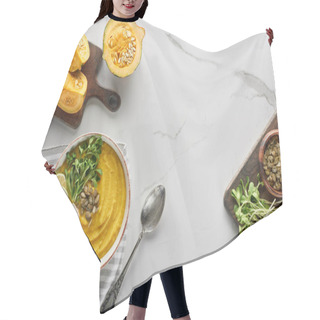 Personality  Top View Of Tasty Mashed Pumpkin Soup On Wooden Cutting Board With Ingredients On Marble Surface Hair Cutting Cape