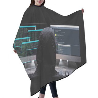 Personality  Back View Of Hooded Hacker Sitting Near Computer Monitors With Data On Screens On Black  Hair Cutting Cape