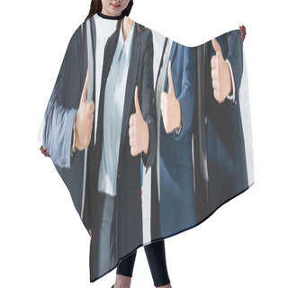 Personality  Cropped View Of Women And Men In Formal Wear Showing Thumbs Up While Standing Together, Banner Hair Cutting Cape