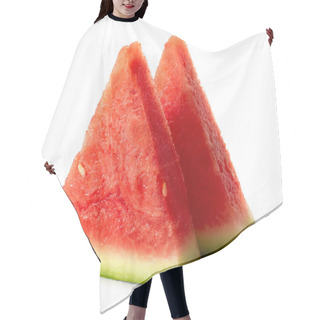 Personality  Two Standing Triangles Of Seedless Watermelon Isolated On White. Hair Cutting Cape