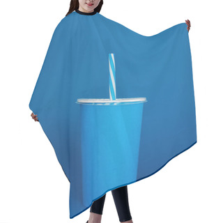 Personality  Paper Cup With Plastic Straw On Blue Background  Hair Cutting Cape