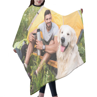 Personality  Tourist With Thermos Sitting In Yellow Tent With Golden Retriever Dog Hair Cutting Cape