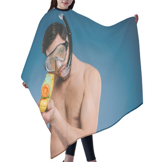 Personality  Young Man In Snorkel And Diving Mask Holding Water Gun On Blue  Hair Cutting Cape