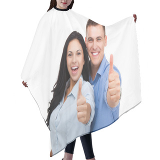 Personality  Happy Couple In Love Excited Smiling And Holding Thumbs Up Hair Cutting Cape