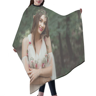 Personality  Attractive Smiling Girl In Dress And Floral Wreath Posing In Woods Hair Cutting Cape