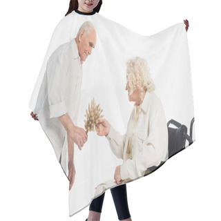Personality  Elderly Man Presenting Dried Flowers To Wife In Wheelchair Isolated On White Hair Cutting Cape