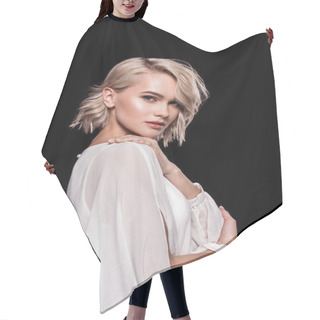 Personality  Attractive Blonde Model In White, Isolated On Black Hair Cutting Cape