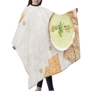 Personality  Top View Of Tasty Green Creamy Soup With Crackers On Textured Grey Background With Rustic Cloth Hair Cutting Cape