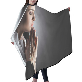 Personality  Beautiful Young Nun With Closed Eyes Praying With Cross On Grey Hair Cutting Cape