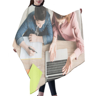 Personality  Top View Of Mother And Son Sitting At Desk With Laptop And Notebooks And Doing Homework Together Hair Cutting Cape