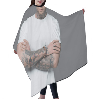 Personality  Cropped Shot Of Young Man With Tattoos Standing With Crossed Arms Isolated On Grey Hair Cutting Cape