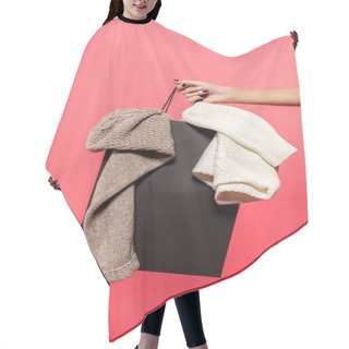 Personality  Woman Holding Shopping Bag With Clothes Hair Cutting Cape