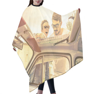 Personality  Couple Of Lovers Looking At A Map During Honeymoon Trip Vacation - Vintage Lifestyle Traveling Around The World With Old Retro Classic Car - Young People Enjoying Together Happy Moments Of Life Hair Cutting Cape