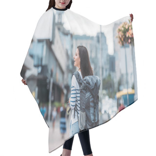 Personality  Back View Of Woman With Backpack Walking On Street Hair Cutting Cape