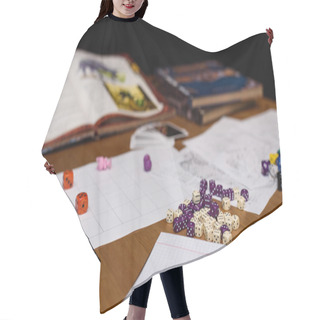 Personality  Role Playing Game Set Up On Table Isolated On Black Background Hair Cutting Cape