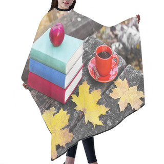 Personality  Stack Of Colorful Books And A Cup Of Hot Coffee On Old Wooden Table In The Forest. Back To School. Education Concept. Beautiful Autumn Background. Picturesque Composition. Weekend In The Park. Hair Cutting Cape