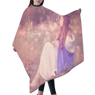 Personality  Woman Blowing Wishes In Forest. Fairy Or Elf Hair Cutting Cape