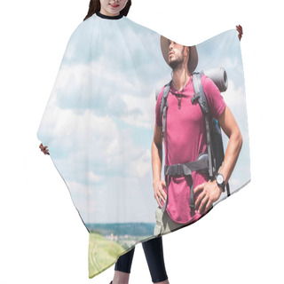Personality  Handsome Hiker In Hat With Backpack And Tourist Mat Hair Cutting Cape
