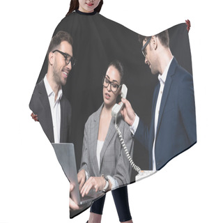 Personality  Overworked Businesswoman Talking By Phone And Working With Laptop While Colleagues Supporting Her Isolated On Black Hair Cutting Cape