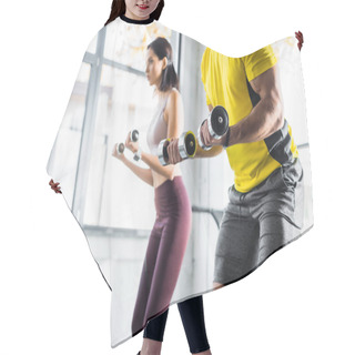 Personality  Cropped View Of Sportsman And Sportswoman Working Out With Dumbbells In Sports Center Hair Cutting Cape