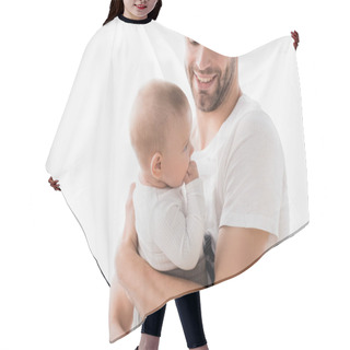 Personality  Cheerful Father Holding In Arms Baby Boy Sucking Fingers  Hair Cutting Cape