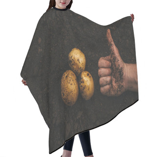 Personality  Cropped View Of Farmer Showing Thumb Up Near Ripe Natural Potatoes In Ground Hair Cutting Cape