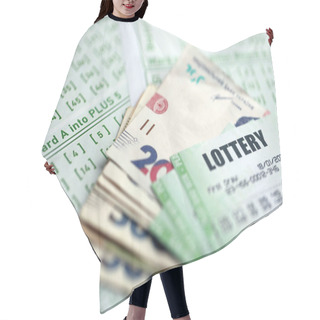 Personality  Green Lottery Tickets And Ukrainian Money Bills On Blank With Numbers For Playing Lottery Close Up Hair Cutting Cape