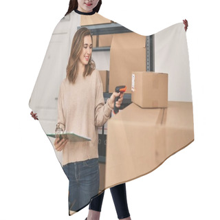 Personality  Young Woman Ecommerce Business Worker Scanning Package At Office Hair Cutting Cape