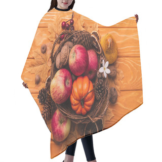 Personality  Top View Of Wicker Basket With Autumnal Harvest On Wooden Background Hair Cutting Cape