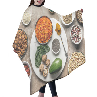 Personality  Flat Lay Of Superfoods, Legumes, Nuts And Avocado On Textured Rustic Background Hair Cutting Cape
