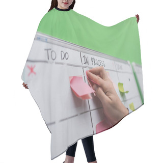 Personality  Cropped View Of Businessman Puting Sticky Note On Task Board Hair Cutting Cape