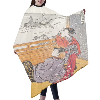 Personality  Geisha And Her Lord. Traditional Japanese Engraving Ukiyo-e Hair Cutting Cape