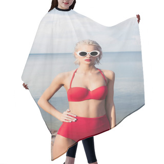 Personality  Fashionable Blonde Girl Posing In Sunglasses And Red Bikini On Rocky Beach Hair Cutting Cape