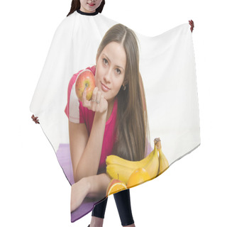 Personality  Sportswoman Lying On A Mat With Fruit In Their Hands Hair Cutting Cape
