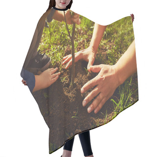 Personality  Little Boy Helping His Father To Plant The Tree While Working Together In The Garden.  Hair Cutting Cape