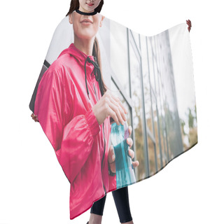 Personality  Partial View Of Smiling Sportswoman Holding Sport Bottle On Street Hair Cutting Cape