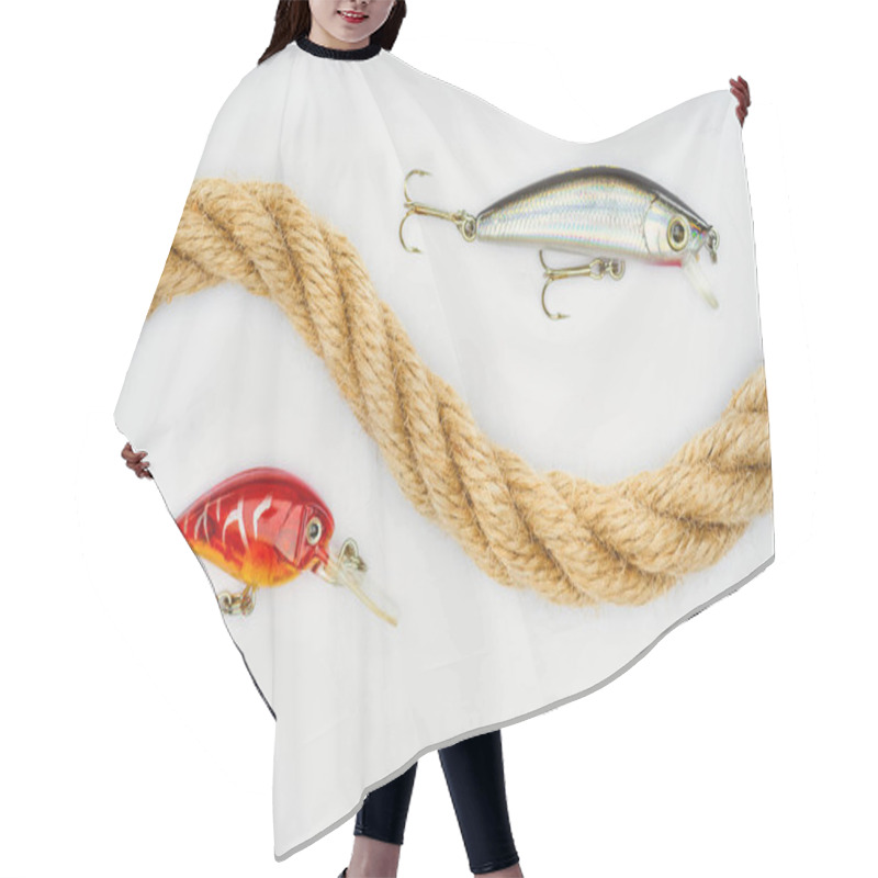 Personality  flat lay with nautical rope and fishing bait isolated on white  hair cutting cape