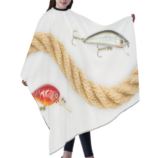 Personality  Flat Lay With Nautical Rope And Fishing Bait Isolated On White  Hair Cutting Cape