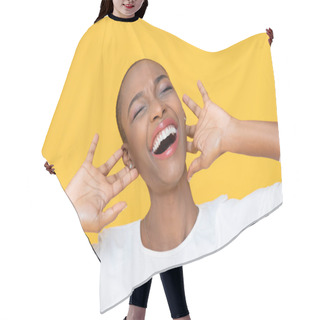 Personality  African American Woman Laughing With Joy Expressing Happiness And Fun On Yellow Background Hair Cutting Cape