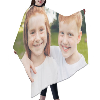 Personality  Beautiful Happy Redhead Siblings Embracing And Smiling At Camera In Park Hair Cutting Cape