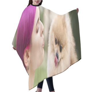 Personality  Purple-haired Woman Pouting Lips And Holding Funny Pomeranian Spitz Sticking Out Tongue, Banner Hair Cutting Cape