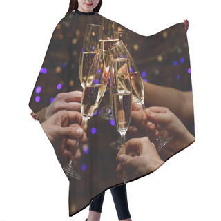 Personality  Clinking Glasses Of Champagne In Hands On Bright Lights Background Hair Cutting Cape