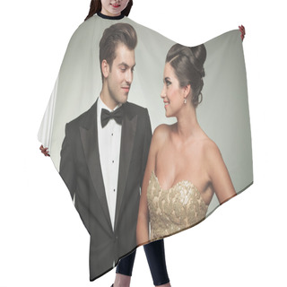 Personality  Man In Tuxedo Embracing His Woman And Smiles  Hair Cutting Cape