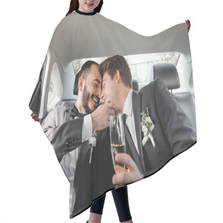 Personality  Carefree Homosexual Groom Touching Face Of Young Boyfriend In Braces And Elegant Suit With Boutonniere And Holding Champagne While Sitting On Backseat Of Car Hair Cutting Cape