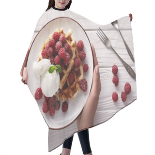 Personality  Cropped Shot Of Woman Holding Plate Of Delicious Belgian Waffles Over White Wooden Table Hair Cutting Cape