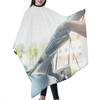 Personality  Cropped View Of Car Cleaner Vacuuming Dashboard Near Windshield Hair Cutting Cape