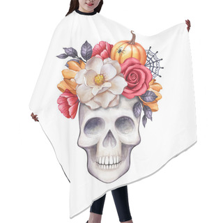 Personality  Watercolor Floral Skull, Halloween Illustration, Autumn Flowers, Fall, Pumpkin, Clip Art Isolated On White Background Hair Cutting Cape
