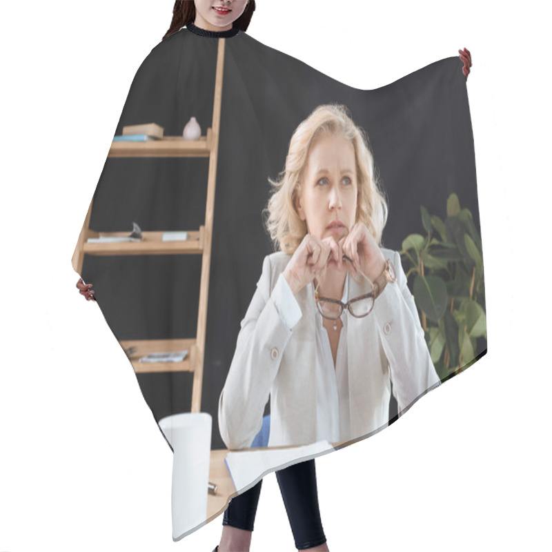 Personality  Businesswoman Working In Office Hair Cutting Cape