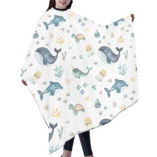 Personality  Sea Creatures, Marine Animals, Rbs, Jellyfish, Whale, Narwhal, Dolphin, Corals, Algae, Shells, Starfish On A White Background Watercolor Seamless Pattern Hair Cutting Cape